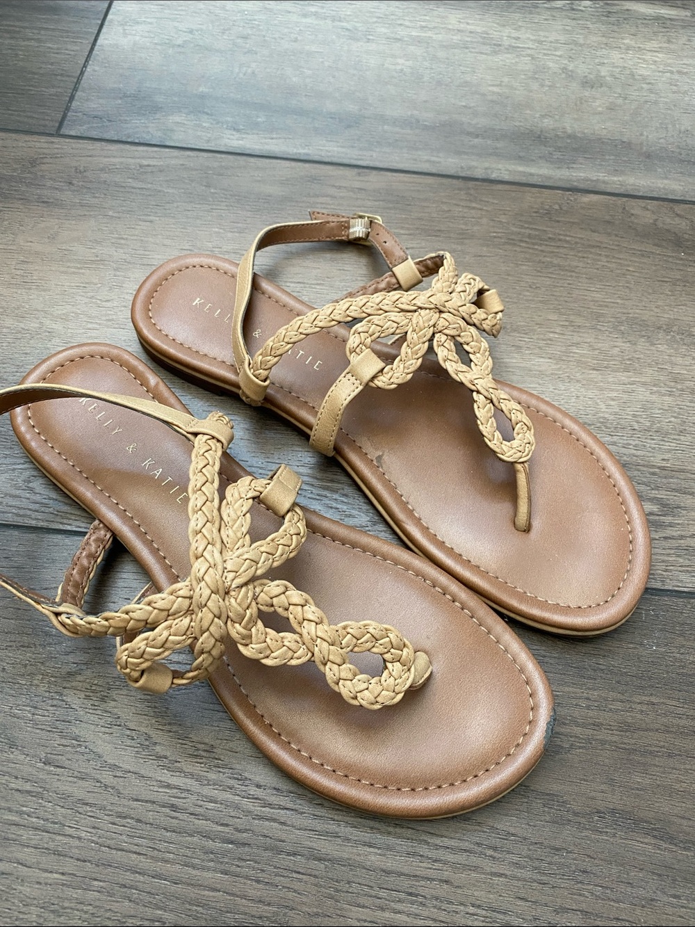 Kelly & Katie Braided Tan T-Strap Sandals